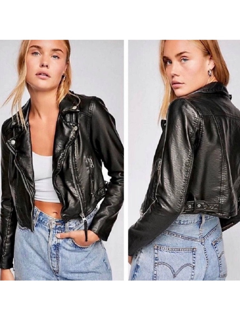 Free People Black Faux Leather Cropped Moto Jacket